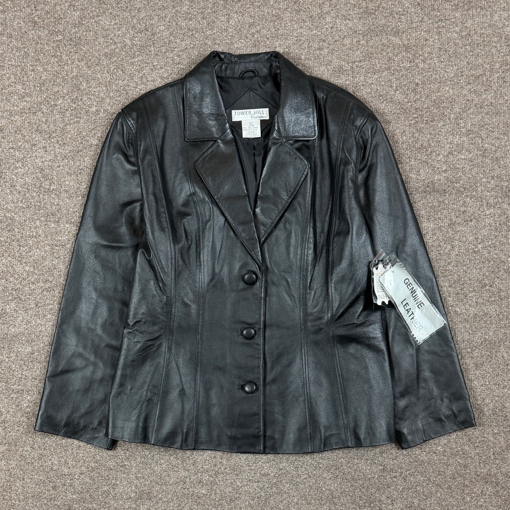 Tower Hill Black Genuine Leather Button Front Short Blazer Jacket Women’s 18 NWT